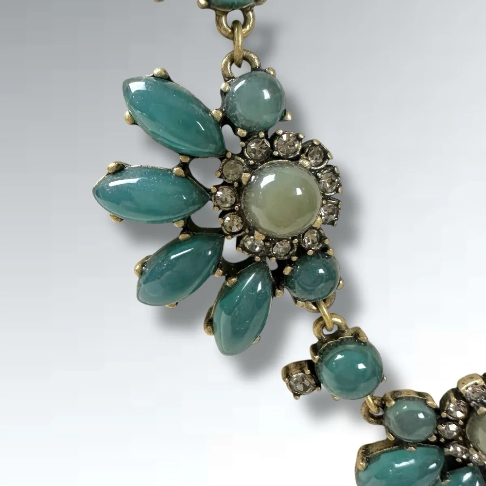Vintage J.Crew Statement Necklace Gray Blue Gold Rhinestone Signed Retro 50s 60s
